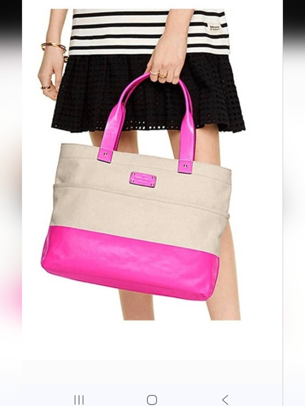 Kate Spade Horseshoe Cove Magazine Tote In  Natural Pink and Cream Canvas
